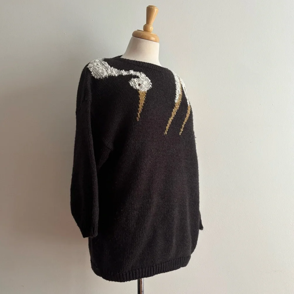 Vintage 1980s White Bird on Charcoal Wool Blend & Lurex Sweater / M - Picture 5 of 10